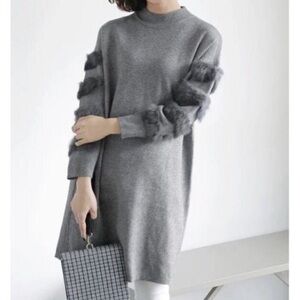 Joy Joy Female Hairy Fur Splicing Long Sleeve Warm Fluffy Sweater dress SZ SM